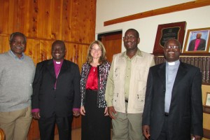 Meeting with bishop of Kigezi -- Canon Jovahn, Bishop George, Carrie, Frank, Canon Gideon